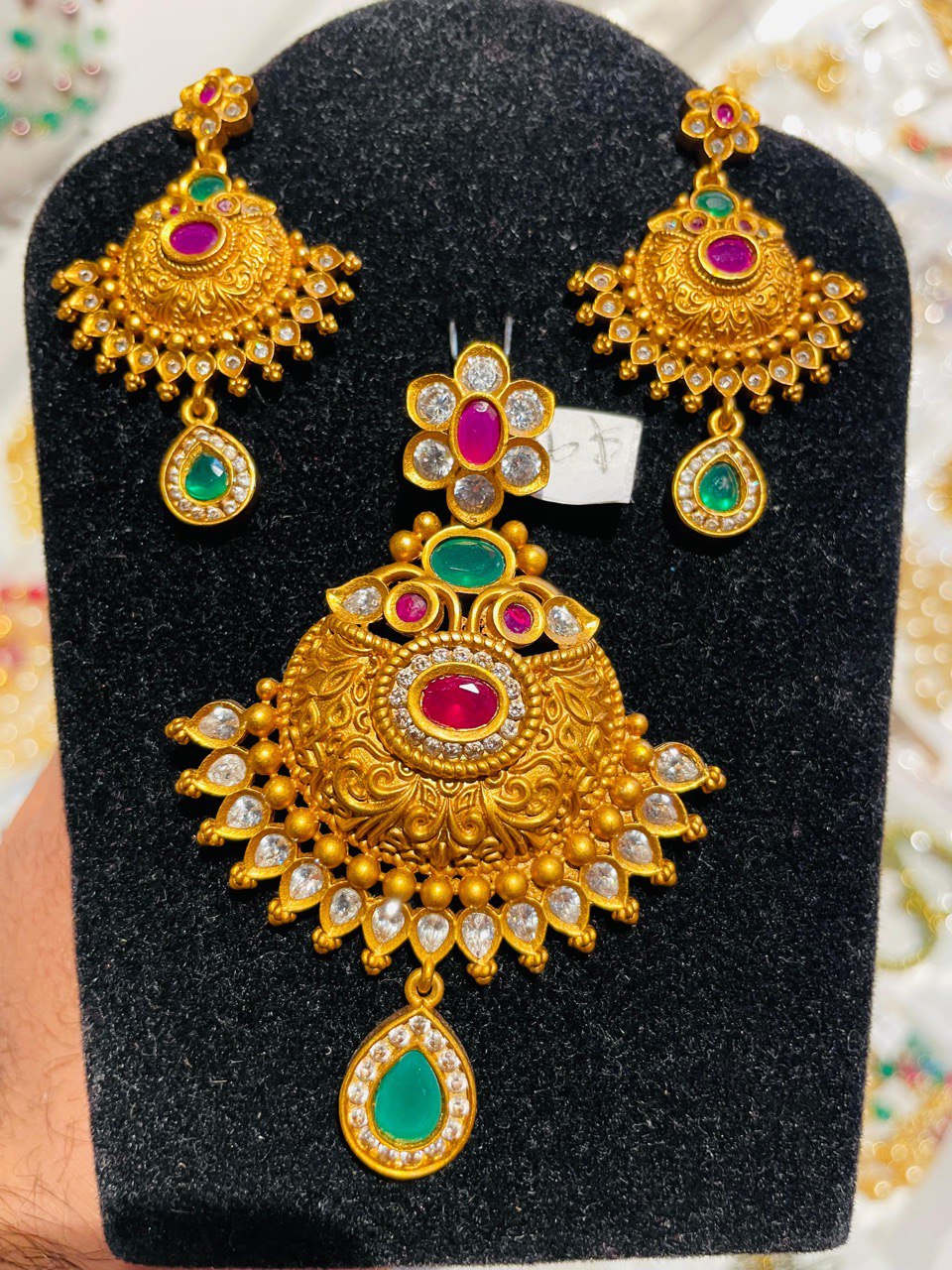 Ruby Green and Pink Gold Plated Ethnic Pendant Set