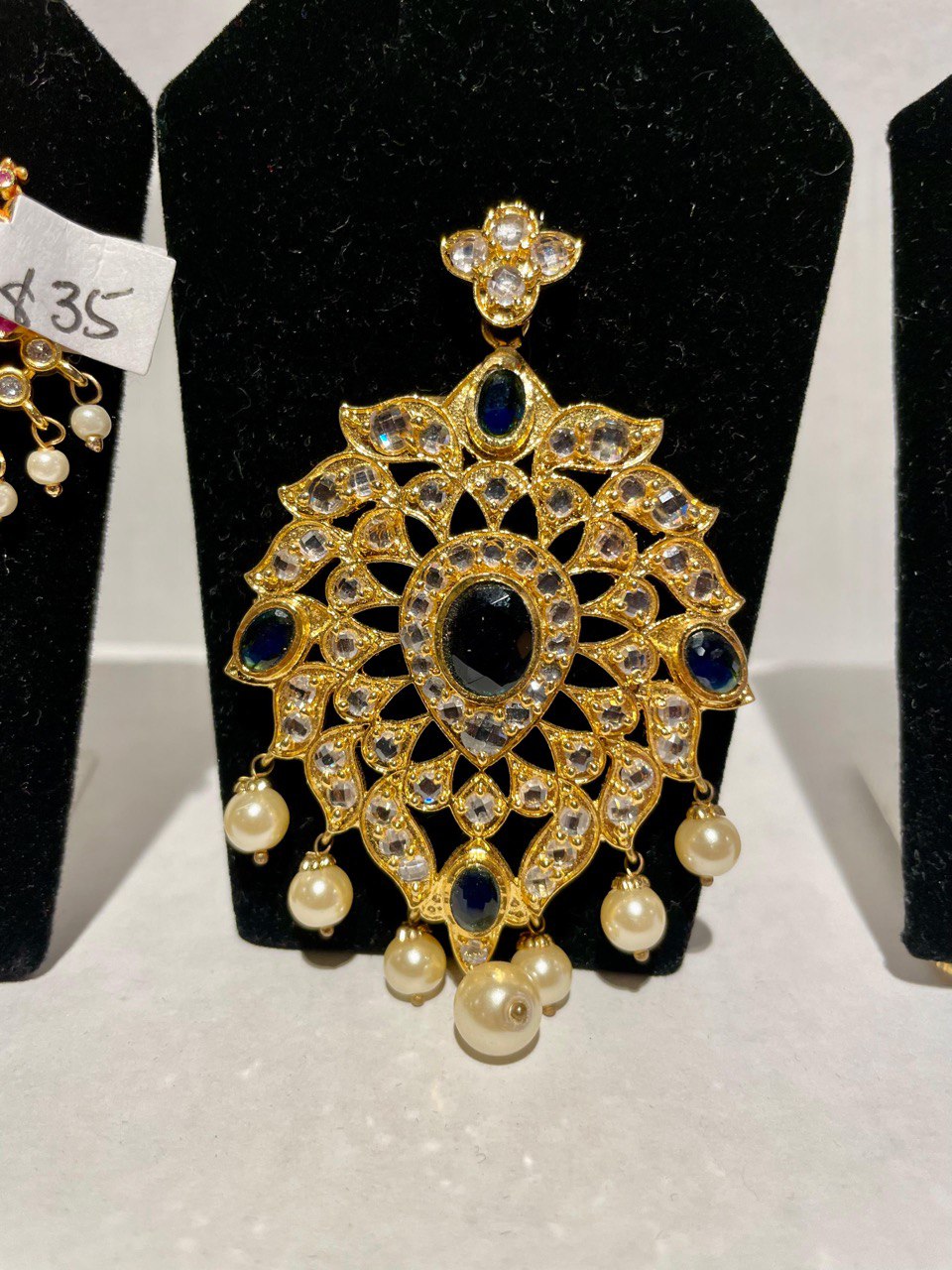 gold plated CZ blue color Pendant Set and Pearls Drops Hanging