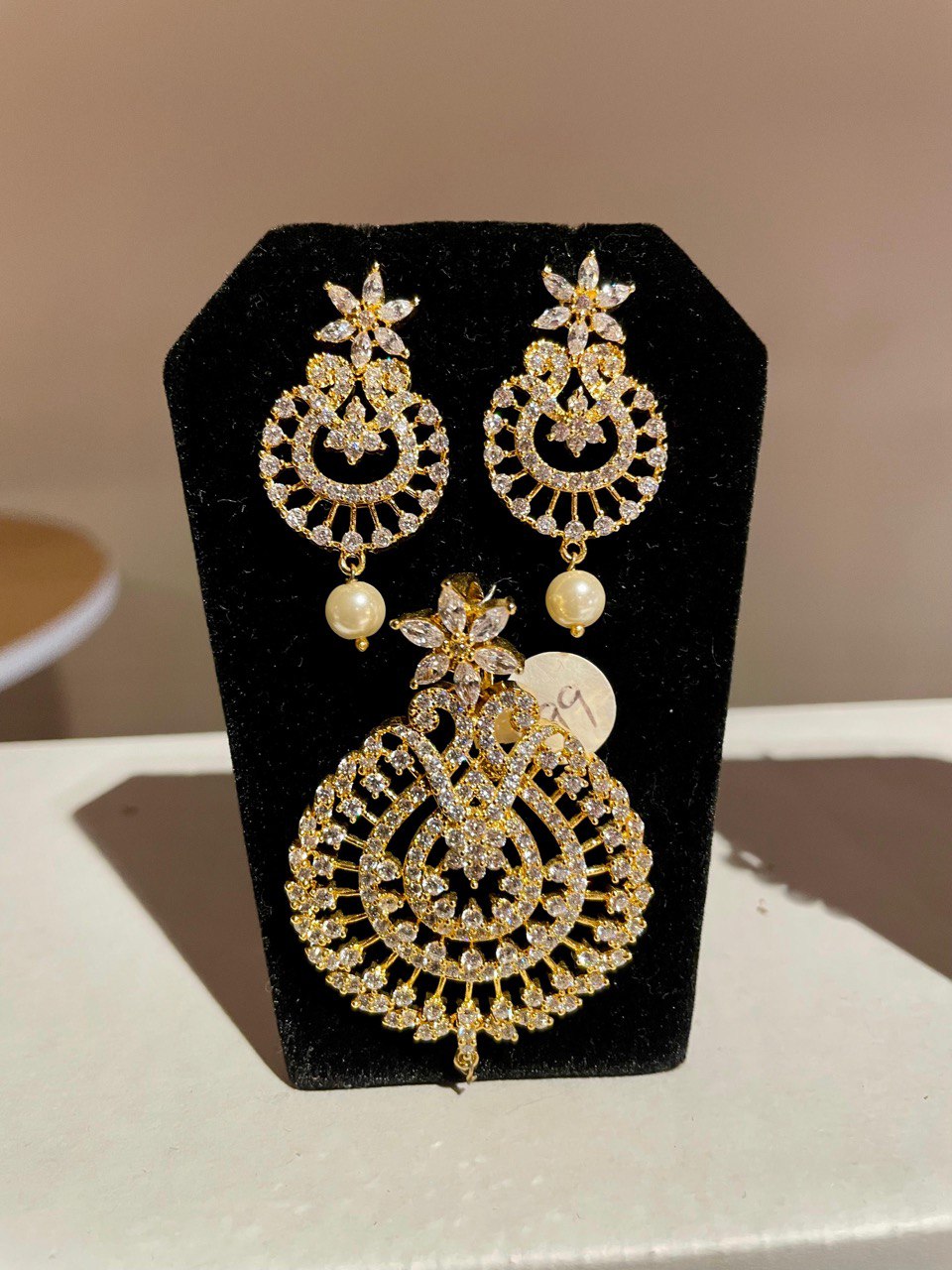 Ethnic Gold Plated CZ Copper Pendant Set with Pearls Drops Hanging