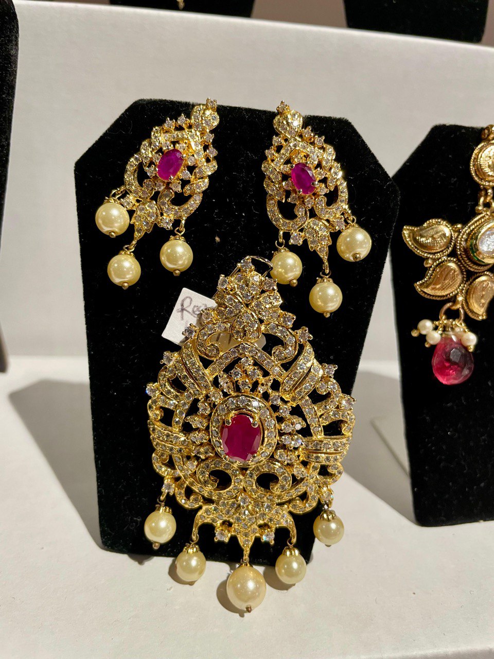 White Stone Choker Pendant Set & Earring Set CZ Ruby & Pink with Pearls Drops Hanging