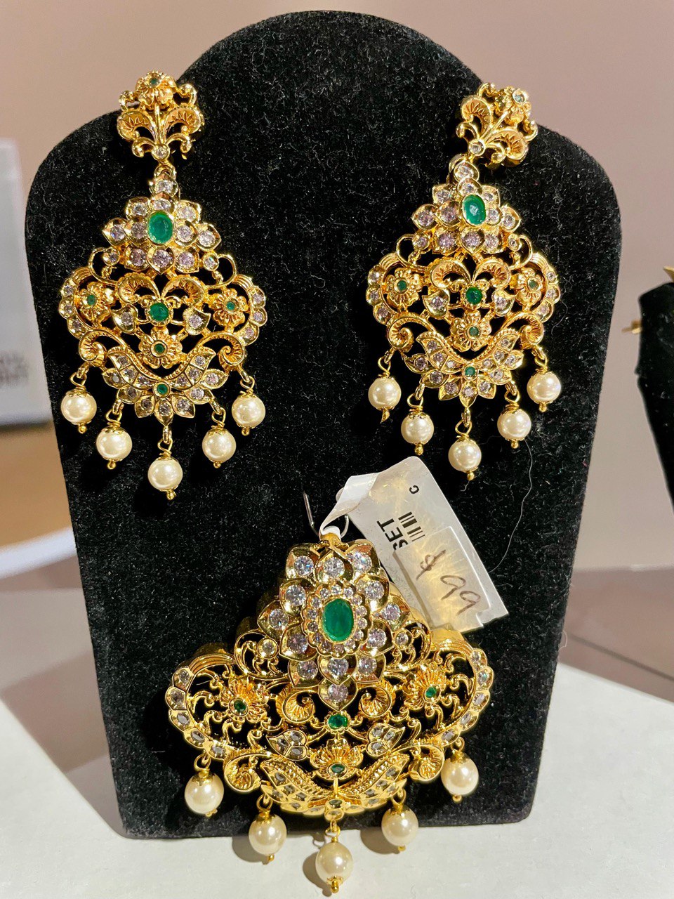 Green Beads One Gram Gold Plated Matt Finish Pendant Set