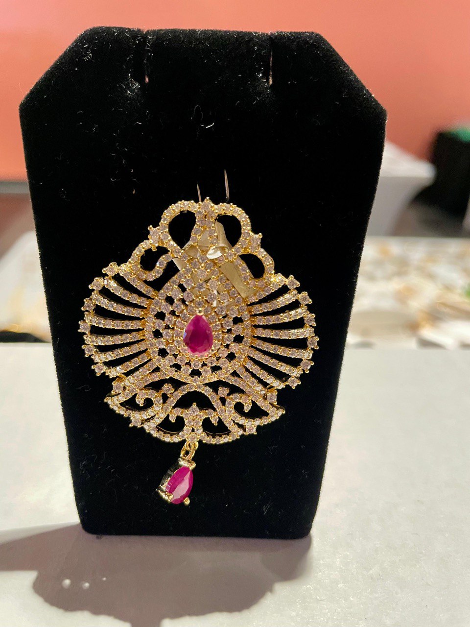 Gold Tone CZ Ruby-white Pendant Set