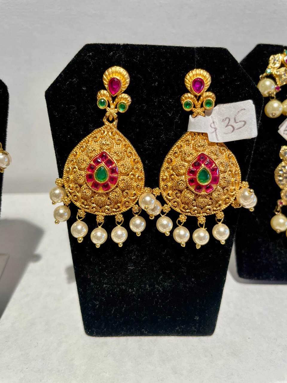 Gold Bead Multi Stone Chandbali Earrings