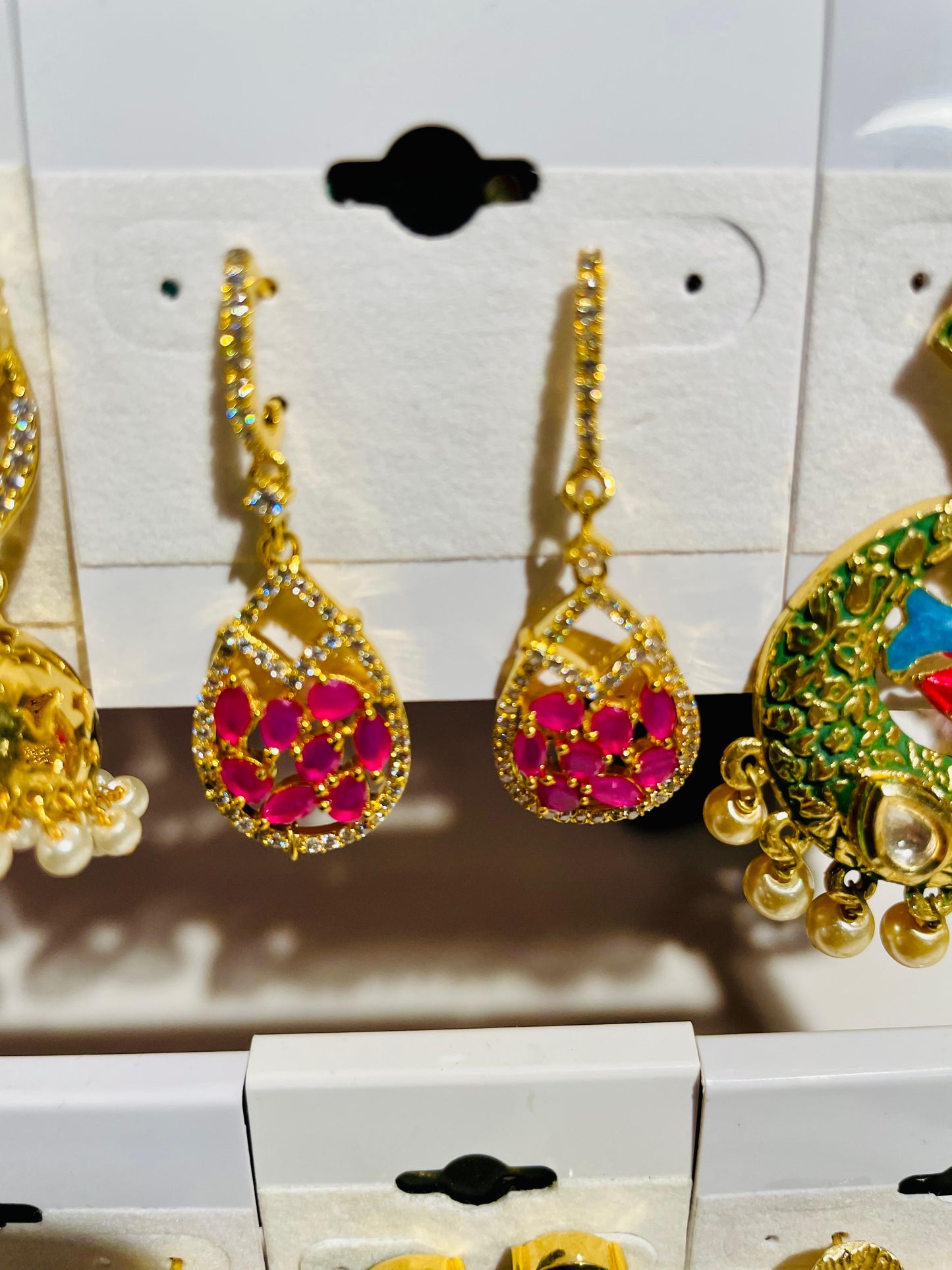 Gold-Plated White & Pink Stone-Studded Earrings