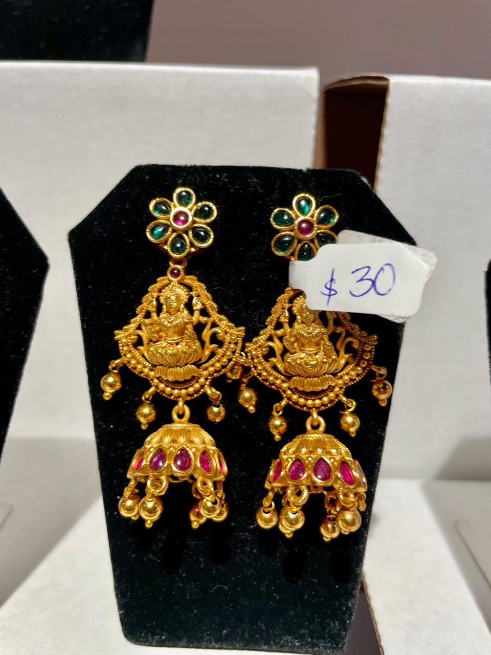 Exquisite Gold-Plated Lakshmi Earrings with Red and Green Stones