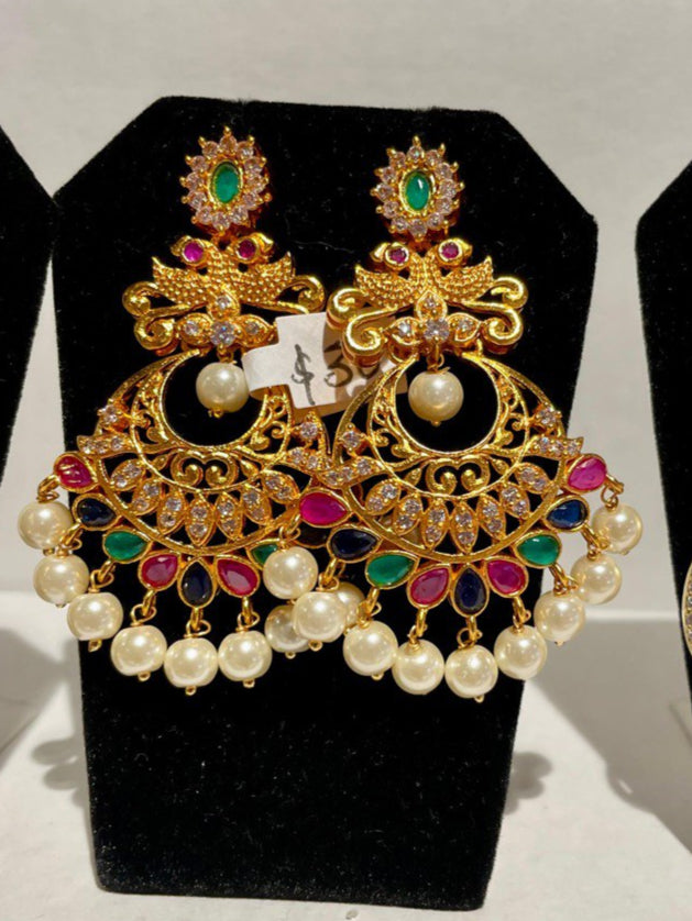 Multi Stone Floral Crystal Drop And Dangler Earrings