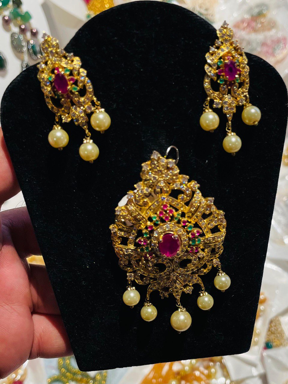 CZ Stone Locket with Swarovski Pearls Hanging Gold Antique finish Pendant Set