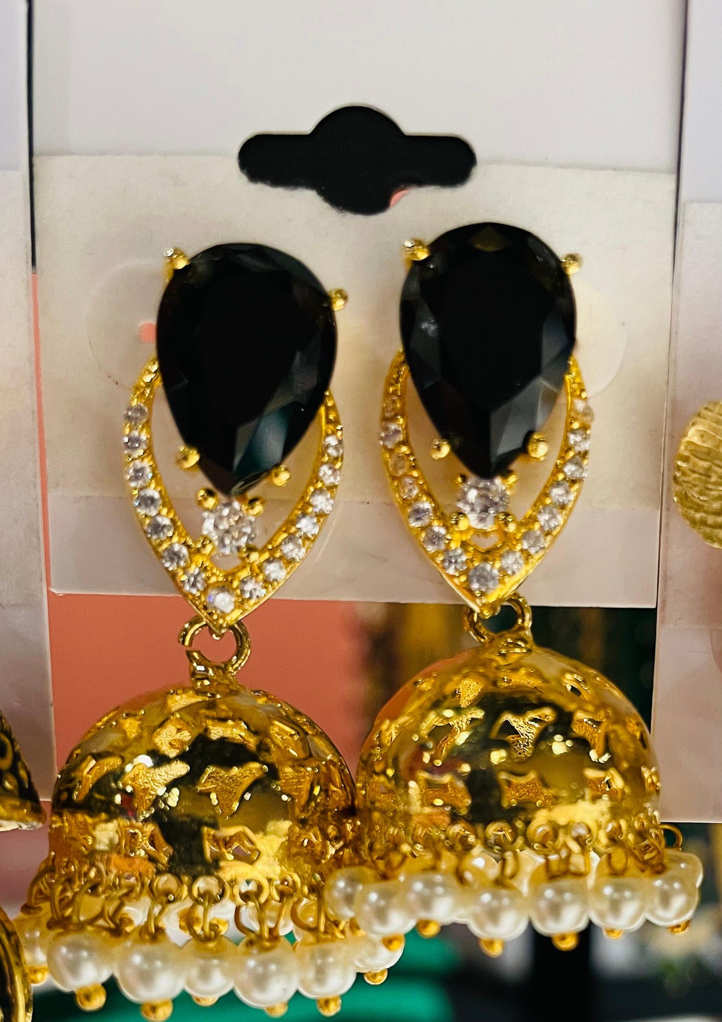 Green Gold Tone Pearl Bead Kundan Jhumka Earrings