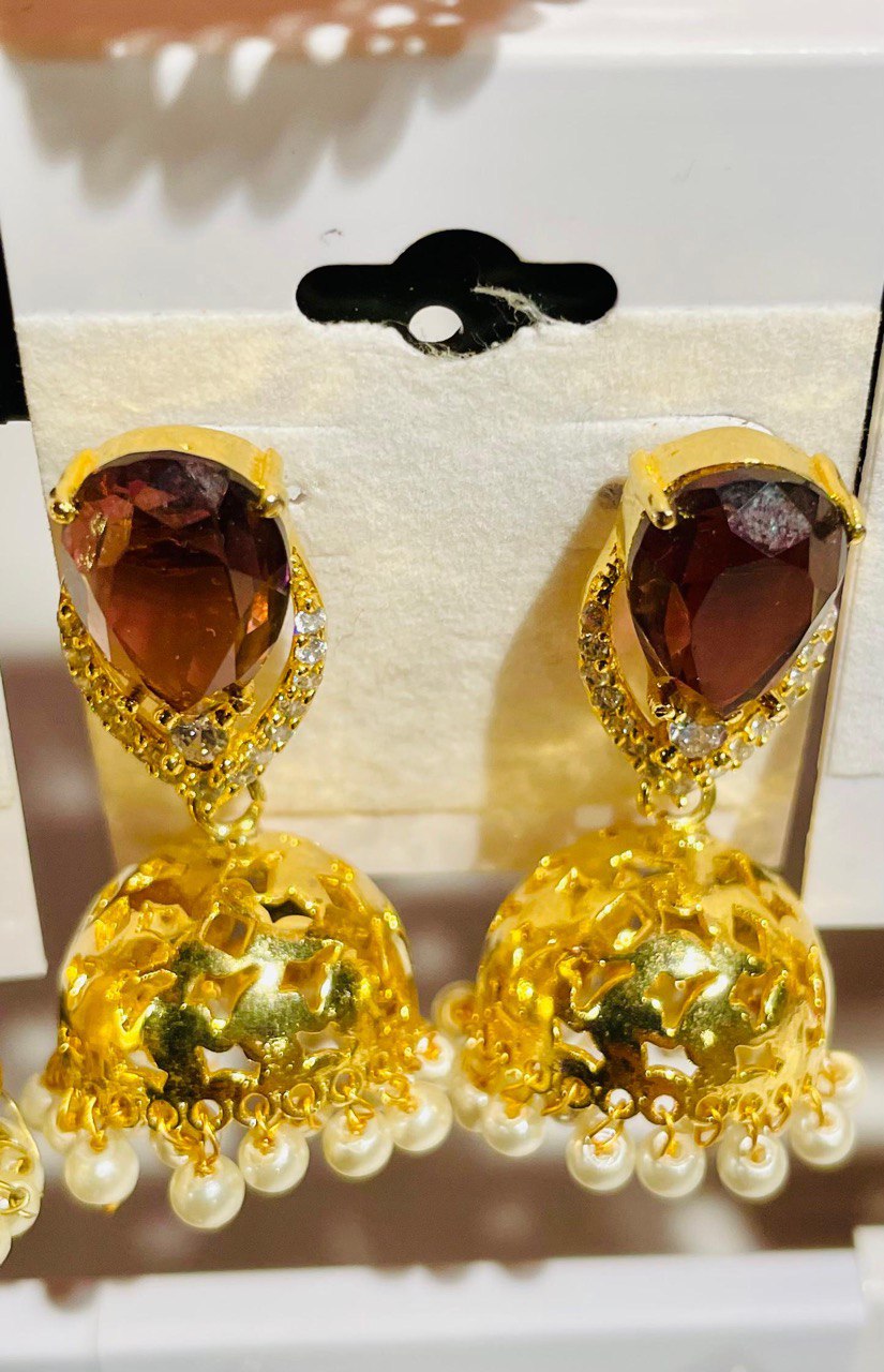 Green Gold Tone Pearl Bead Kundan Jhumka Earrings