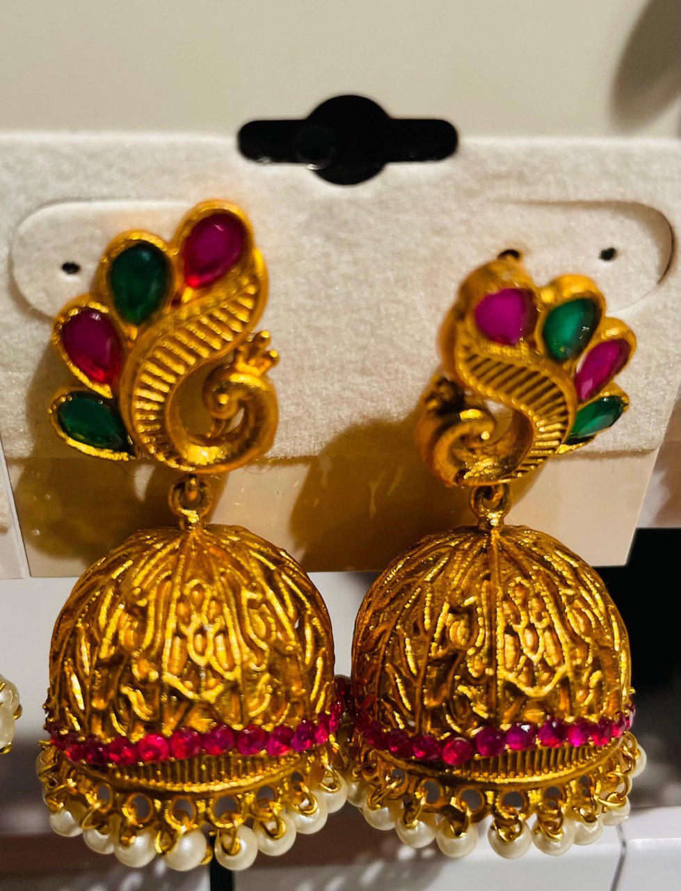 Matte Finish Ruby-Green with Pearls Peacock Jhumkka