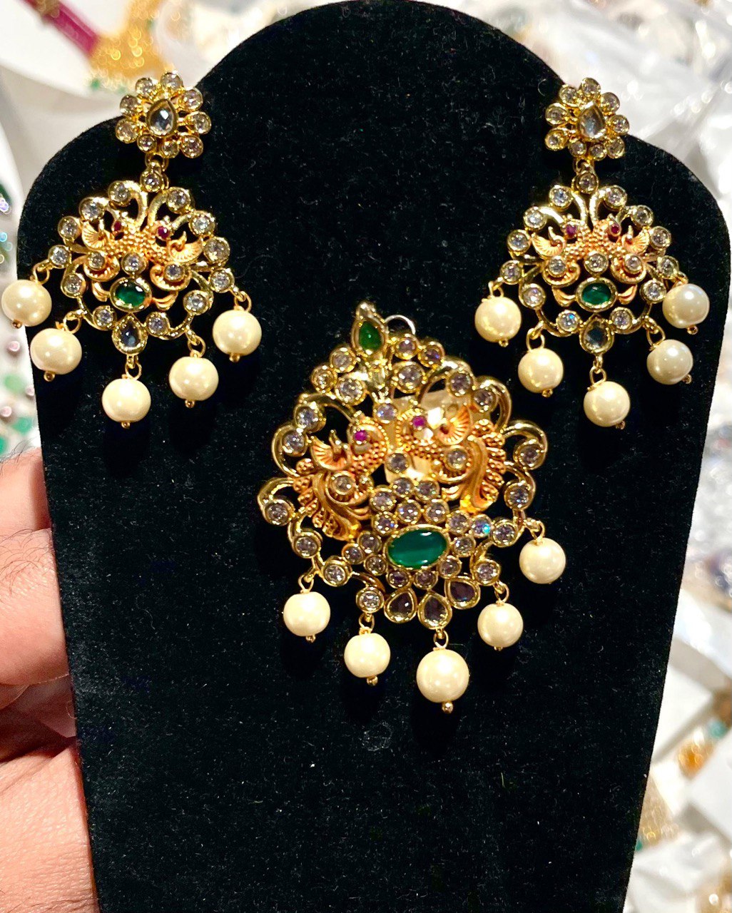 CZ Stones Pendant Set with Pearl hangings