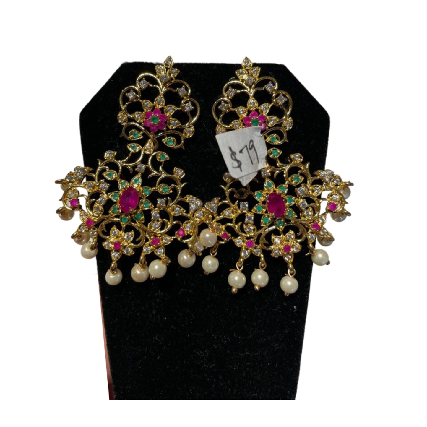 Gold AD Stone Earring With Pearl Brass Drops & Danglers