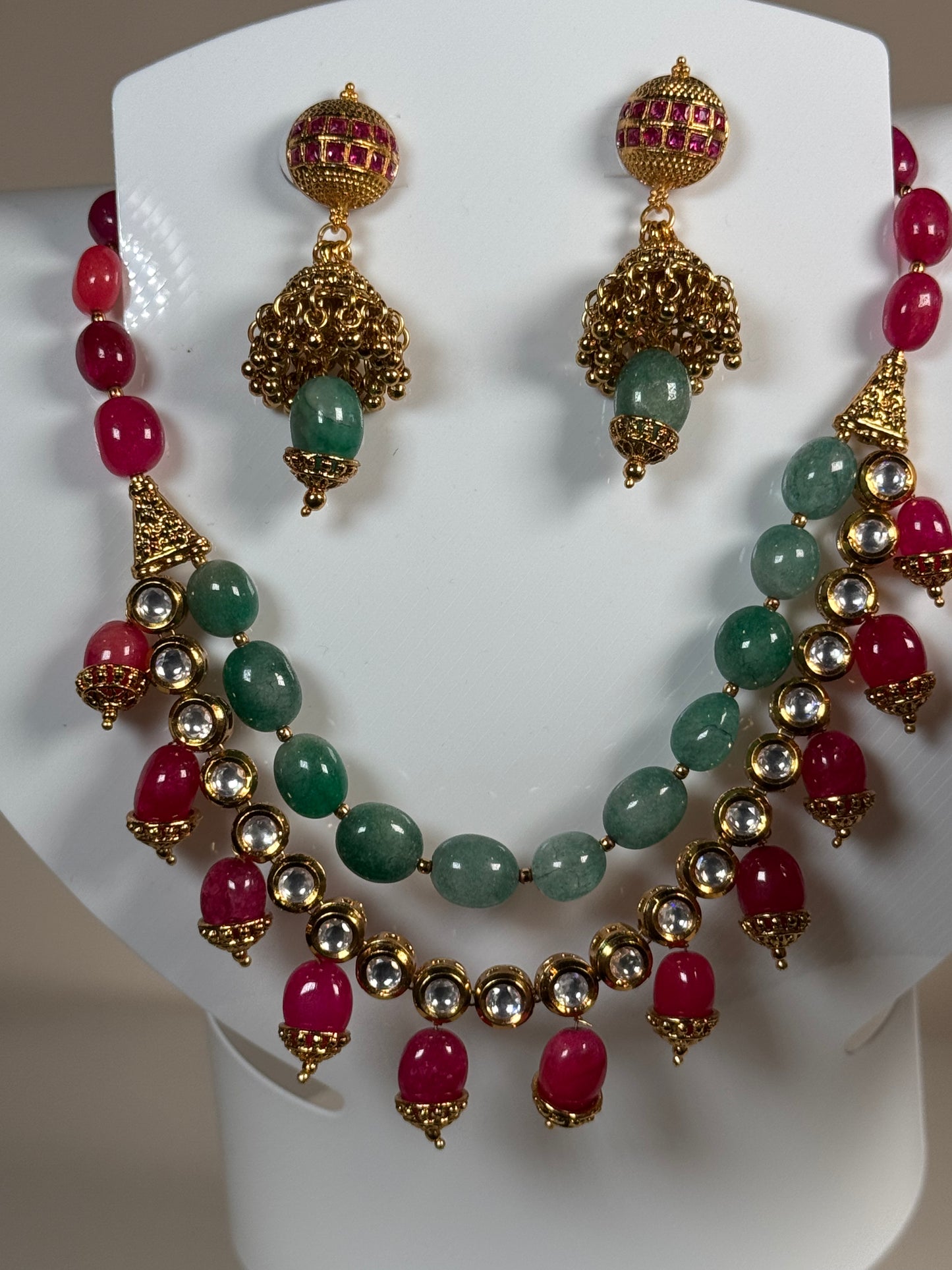 Pink and Green Beaded Kundan Necklace Set