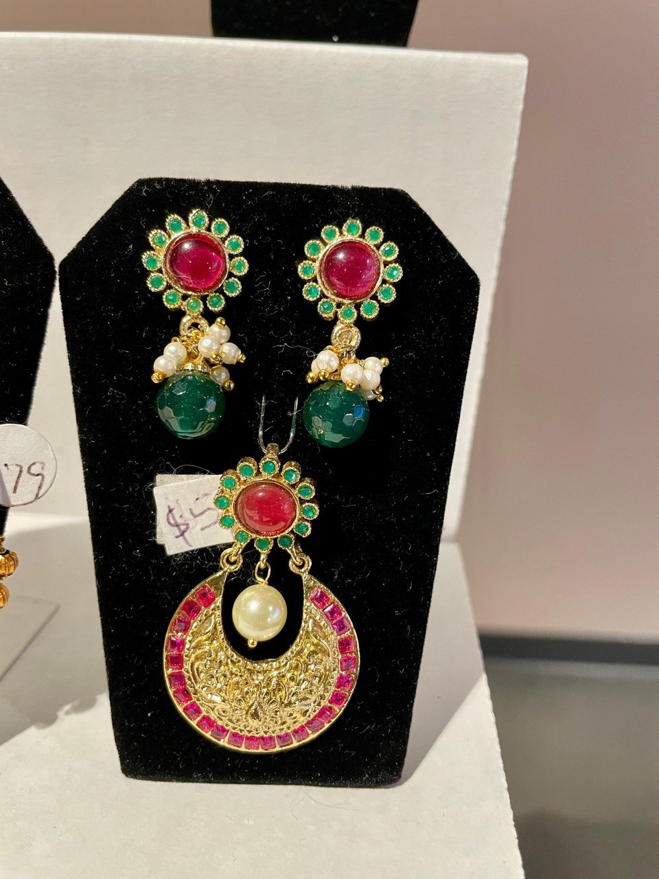 CZ Pink And Green Kundan Pendant Set and Pearls Drops Hanging