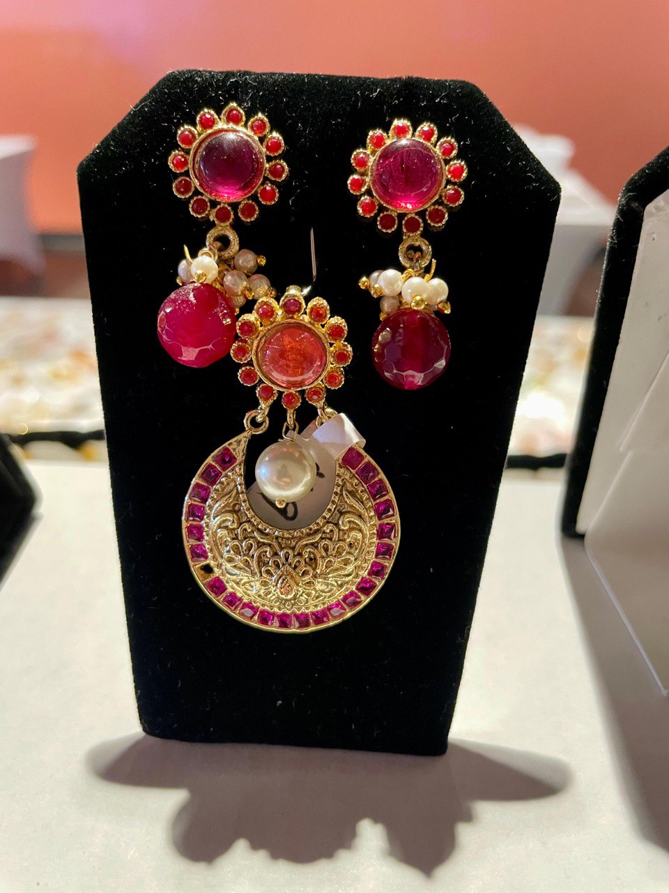 CZ Fashion Rani Pink Color Traditional Pendant Set with Earrings