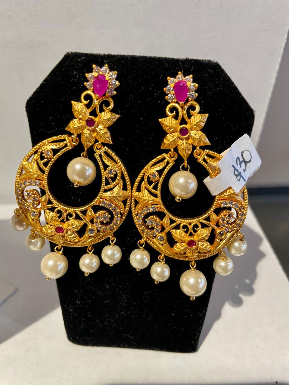 Chandbali Earrings with Pearls Drop Big Ruby Stone Design