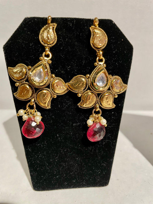 Gold Plated Kundan Studded CZ Drop Earrings