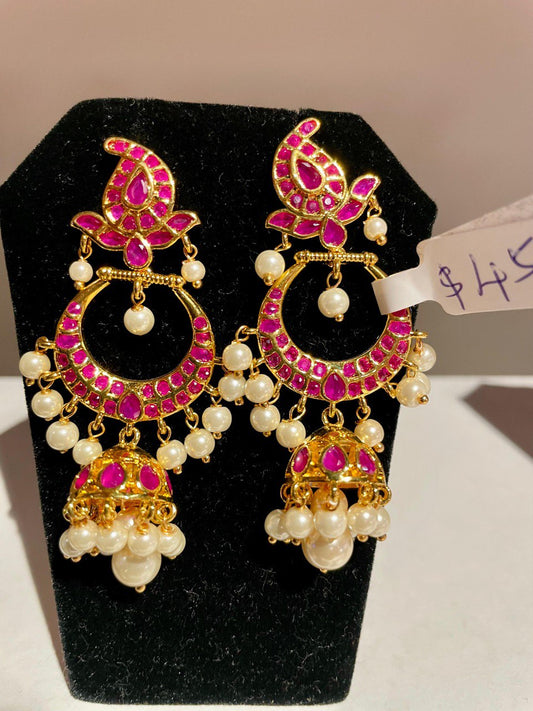 Red CZ Jadau Kundan Chandbali Earrings