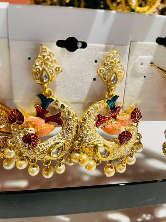 Red Gold Plated Chandbali Studded with American Diamond and Pearl Earring