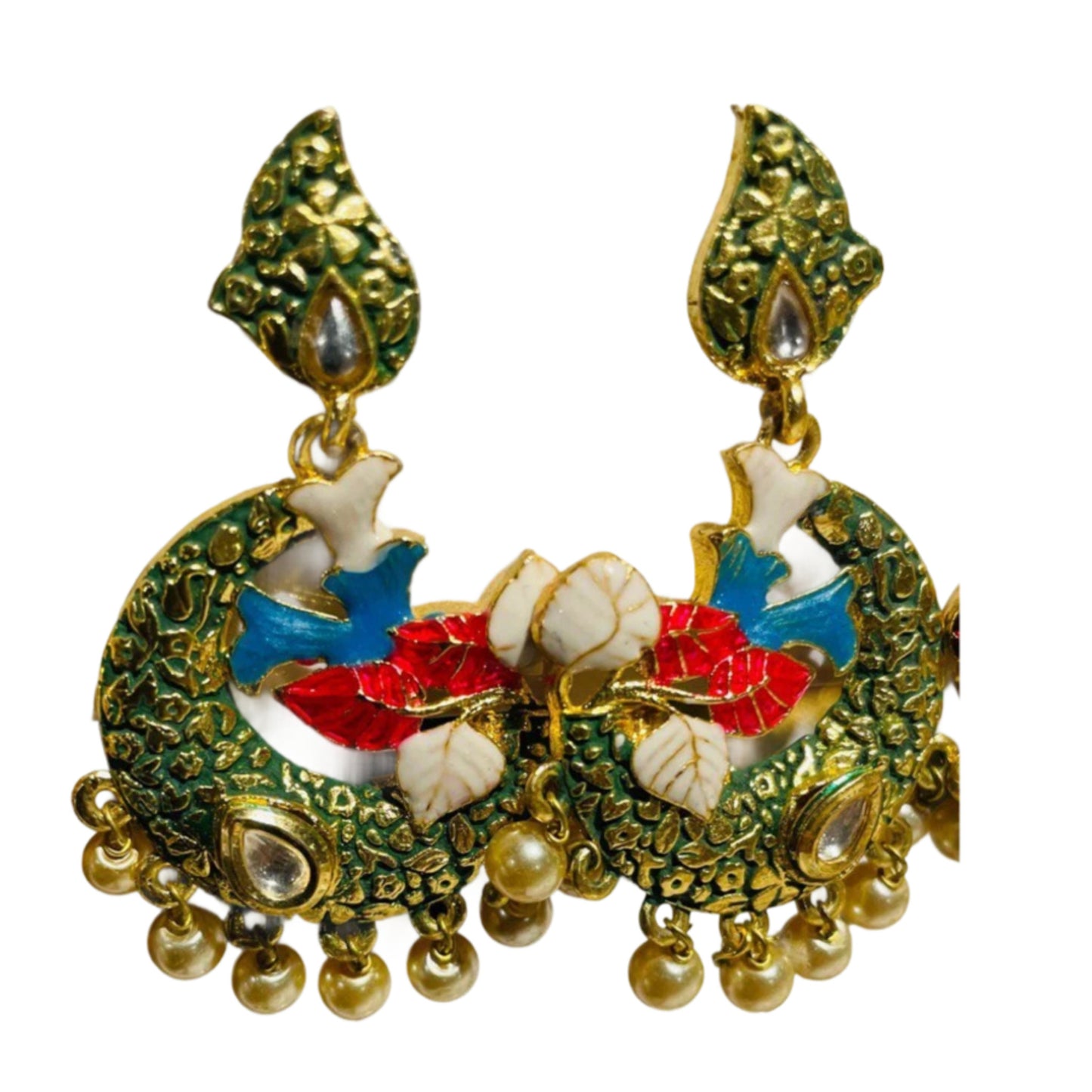 Peacock Design Green  Gold-Plated Kundan Earrings