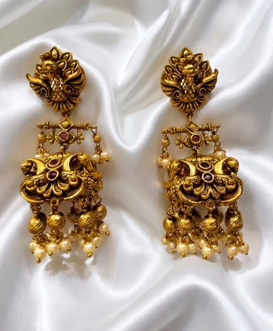 Antique Gold Temple Peacock Chandelier Earrings with Ruby & Pearl Drops