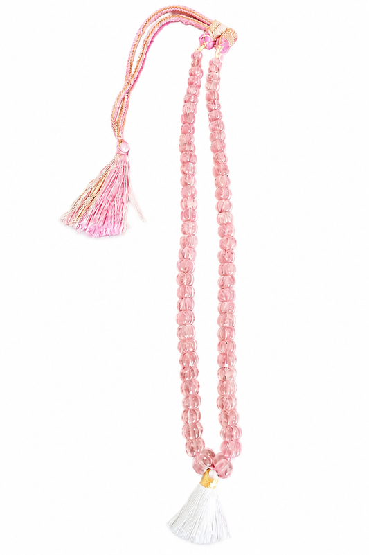 Pink Rose Quartz Carved Melon Bead Necklace with Tassels
