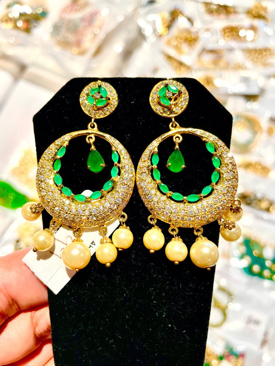 Chandbali Earrings with CZ and Emeral Green Stones