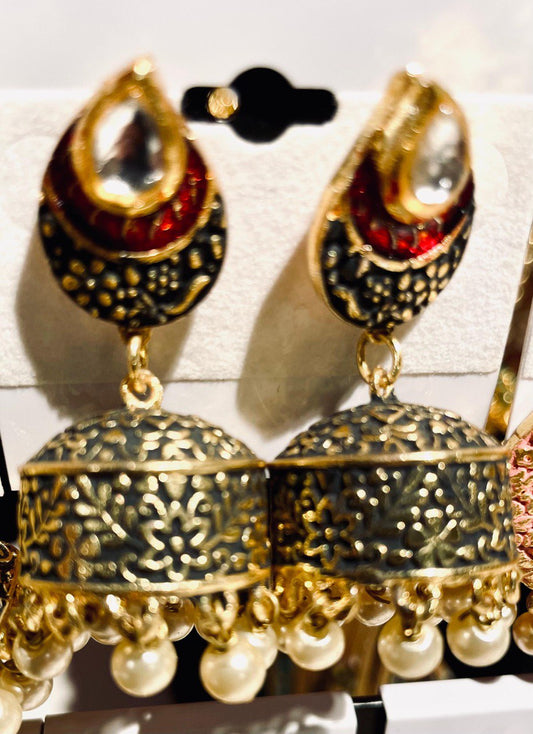 Plated Handmade Meena Work Jhumka Earrings